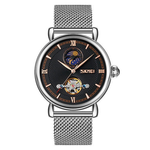 Skmei 9220 Men Mesh Belt Automatic Hollow Mechanical Watch Student Watch (Silver Shell Black Face)