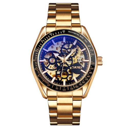 SKMEI 9194 Men Automatic Skeleton Mechanical Steel Band Watch (Golden Black Face)