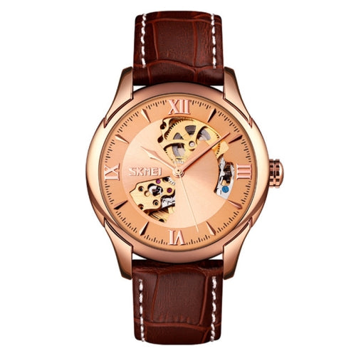 SKMEI 9223 Men Automatic Hollow Through Bottom Watch Student Leather Watch Belt Mechanical Watch, Colour:Rose Gold Shell Gold Face