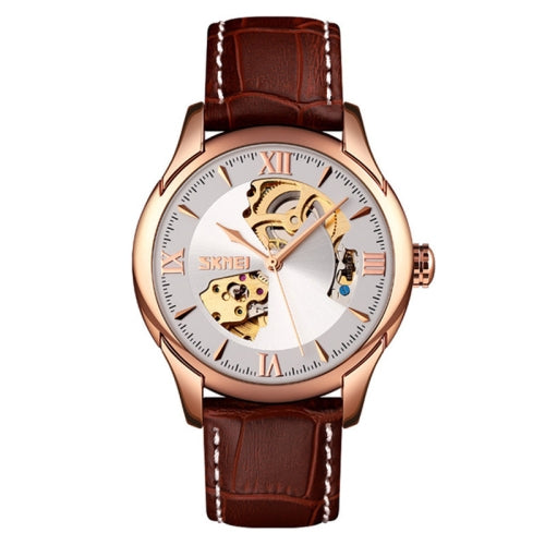 SKMEI 9223 Men Automatic Hollow Through Bottom Watch Student Leather Watch Belt Mechanical Watch, Colour:Rose Gold Shell Silver Face