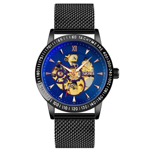 SKMEI 9216 Men Skeleton Automatic Mechanical Watch Stainless Steel Band Luminous Watch(Black Shell Blue Noodle)