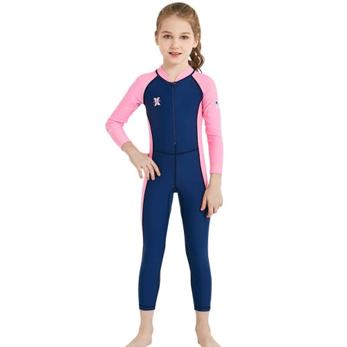 DIVE&SAIL Children Diving Suit Outdoor Long-sleeved One-piece Swimsuit Sunscreen Swimwear, Size: L(Girls Dark Blue)