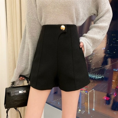 Autumn And Winter High-Waist Wide-Leg Shorts, Size: L(Black)