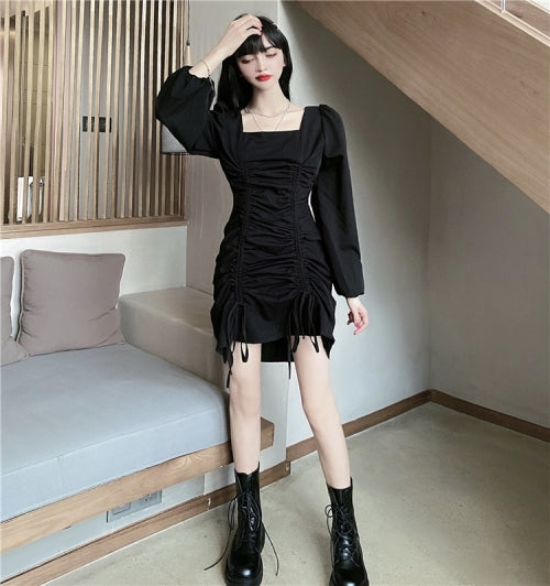 Drawstring Pleated Skirt Puff Sleeve Square Collar Dress, Size: L(Black)