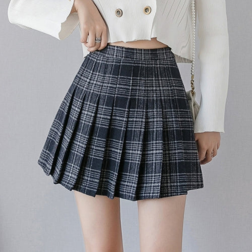 Woolen Pleated Skirt Female High-Waist A-Line Skirt College Style Autumn And Winter Plaid Skirt, Size: XL(Navy Blue)