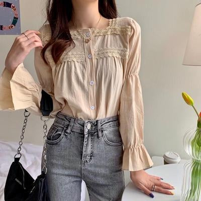 Women Retro Square Collar Lace Folds Flared Sleeve Long Sleeve Shirt, Size: Free Size(M Beige)