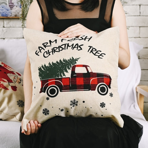 4 PCS Christmas Decorations Linen Pillowcases Square Pillowcases Without Pillow Core(Red and Black Car)