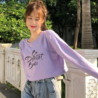 Early Autumn Women Top Loose T-Shirt Bottoming Shirt Letter Short Sweatshirt, Size: Free Size(Light Purple)