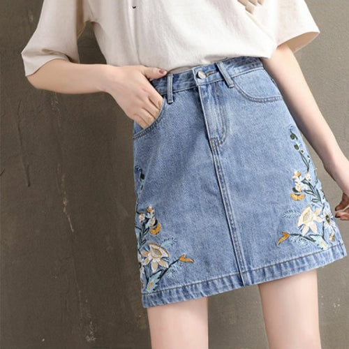 Summer Embroidered Denim Skirt High Waist Thin A-Line Skirt One-Step Skirt, Size: S(Blue)