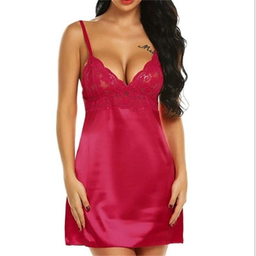 3 PCS Sexy Lingerie Women Silk Lace Casual Loose Solid Sleeveless Dress Nightgown Sleepwear, Size:L (Red)