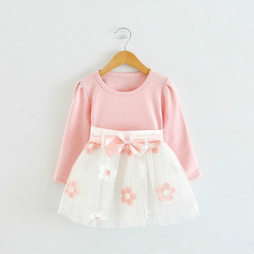 Autumn Girls Flower Bow-knot Long Sleeve Dress, Size:100cm(Pink)