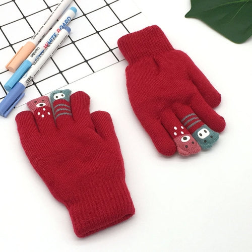 2 PCS Children Winter Five-Finger Gloves Student Double Thick Knitted Warm Gloves, Colour: Crimson(Free Size)