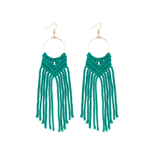 2 Pairs Hand-Woven Earrings Female Cotton Rope Knot Tassel Earrings, Colour: Dark Green