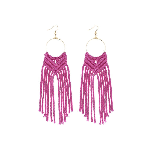 2 Pairs Hand-Woven Earrings Female Cotton Rope Knot Tassel Earrings, Colour: Rose Red