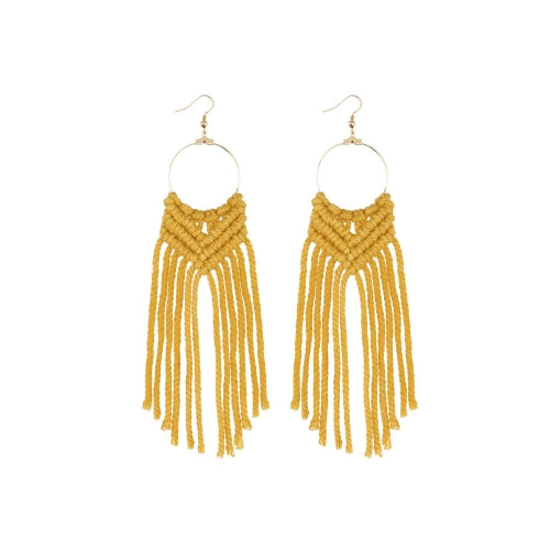 2 Pairs Hand-Woven Earrings Female Cotton Rope Knot Tassel Earrings, Colour: Yellow