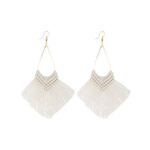 2 Pairs Rope Braided Knot Hand-Woven Earrings Bohemian Tassel Earrings, Colour: White