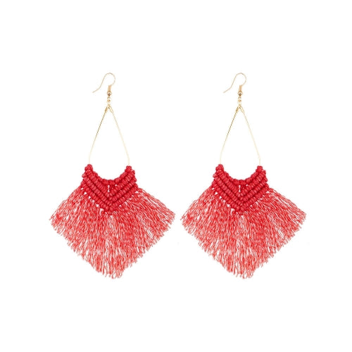 2 Pairs Rope Braided Knot Hand-Woven Earrings Bohemian Tassel Earrings, Colour: Red