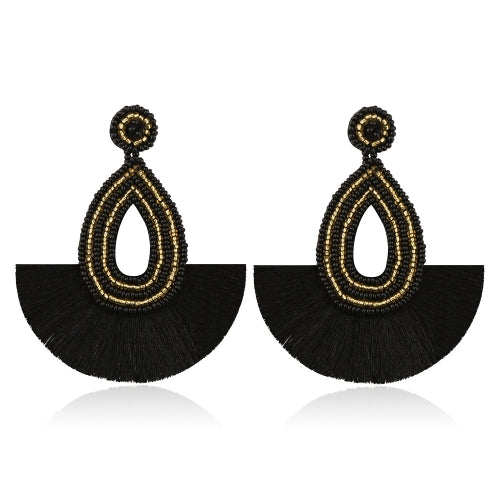 Bohemian Tassel Earrings Female Ethnic Style Rice Bead Earrings(Black )