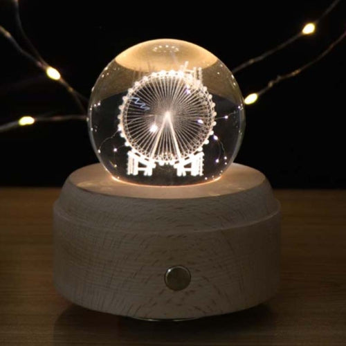 Girl Bedside Lamp Crystal Ball Wooden Base Music Box Charging Glow Rotating Night Light, Random Music(Ferris Wheel)