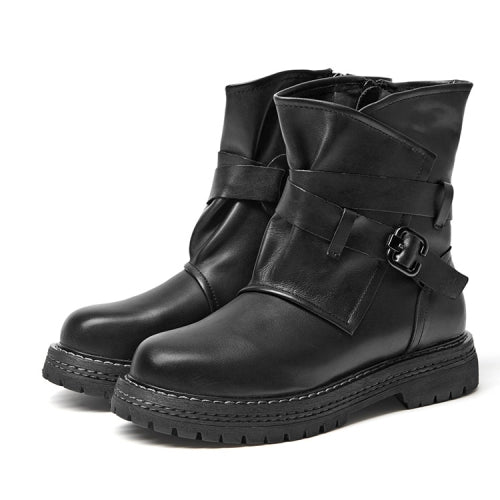 Leather Martin Boots Female Autumn And Winter Middle Tube Retro Leather Boots, Size: 35(Black)