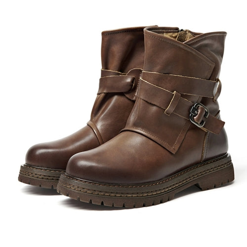 Leather Martin Boots Female Autumn And Winter Middle Tube Retro Leather Boots, Size: 40(Brown Plus Velvet)