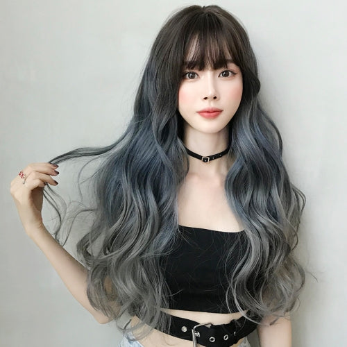 Wig Female Long Hair Big Wave Gradient Full Headgear(Gradient Fog Blue Gray 68CM)