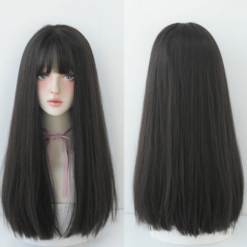 Wig Female Long Hair Full Headgear Straight Hair Natural Air Bangs Full Top Wig(Black Tea Color 58CM)