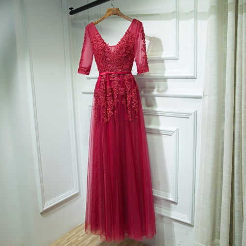 Sexy V-neck Evening Dress Robe Tulle Applique Evening Dresses, Size:M (Red Wine Half Sleeve)