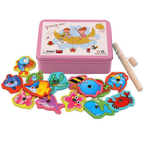 Baby Kitten Fishing Toy Wooden Magnetic Early Education Puzzle Game(Pink)