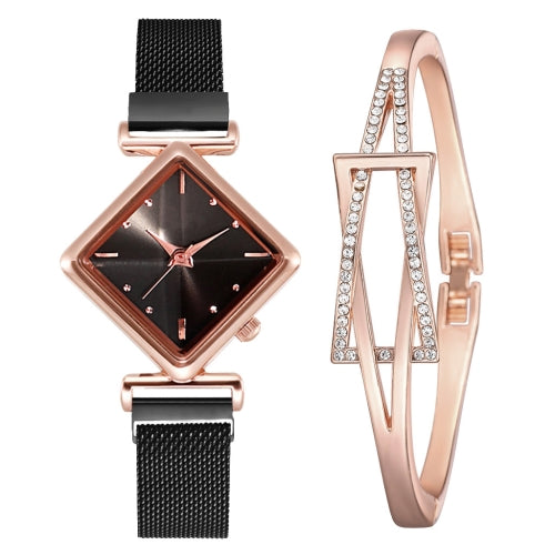 2 PCS Ladies Diamond Dial Quartz Watch, Colour: Black + Bracelet