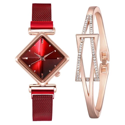 2 PCS Ladies Diamond Dial Quartz Watch, Colour: Red + Bracelet