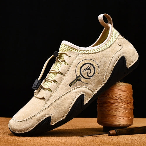 Spring And Summer Men Casual Breathable Peas Shoes Leather Pigskin Lazy Sneakers, Size: 38(Beige)