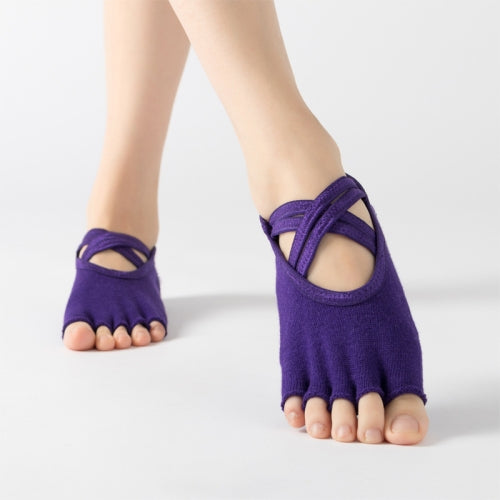 Terry Five-Finger Socks Cotton Thickened Warm and Non-Slip Yoga Socks Cross Strap Dance Socks, Size: One Size(Open Toe (Deep Purple))