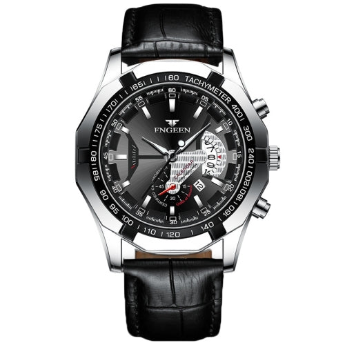 FNGEEN S001 Men Waterproof Watch Non-Mechanical Calendar Watch(Black Leather White Steel Black Surface)