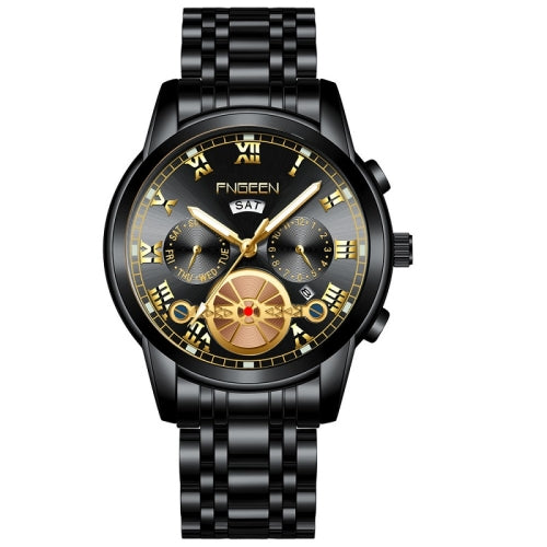 FNGEEN 4001 Men Non-Mechanical Watch Multi-Function Quartz Watch, Colour: Black Steel Black Surface Gold Nails