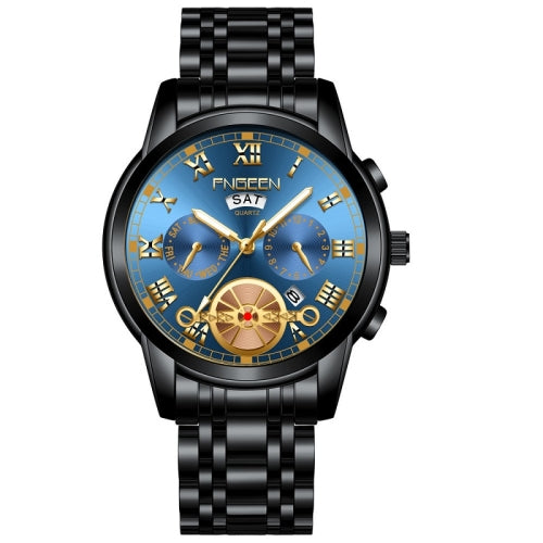 FNGEEN 4001 Men Non-Mechanical Watch Multi-Function Quartz Watch, Colour: Black Steel Blue Surface Gold Nails