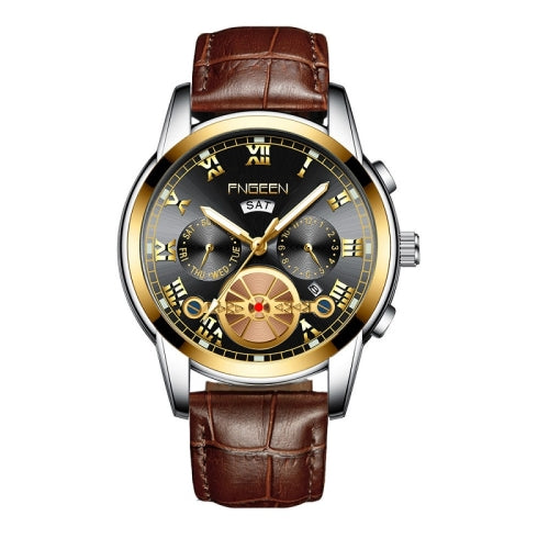 FNGEEN 4001 Men Non-Mechanical Watch Multi-Function Quartz Watch, Colour: Brown Leather Gold Black Surface