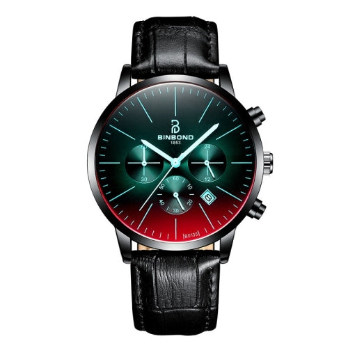 BINBONG B0135 Men Ultra-thin Three-eye Six-pin Multi-function Symphony Sports Watch(Black Leather Black Shell Black Surface)