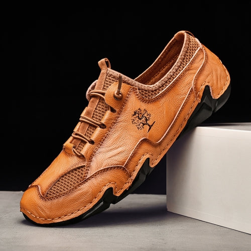 Men Casual Cowhide Soft Sole Peas Shoes Breathable Mesh Leather Shoes, Size: 48(Light Brown)