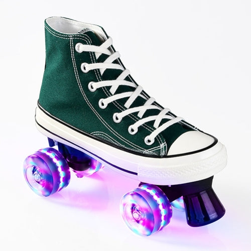 Flash Roller Skates Shoes Adult Children Four-Wheel Canvas Roller Skates Shoes Double Row Roller Skates Shoes, Size: 31(Dark Green+ Special Bag)