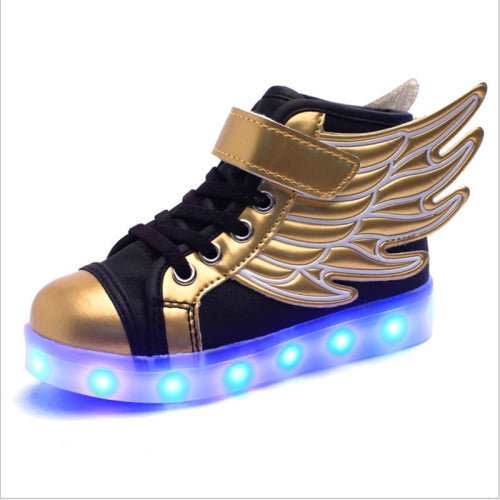 USB Charging Wings Colorful Luminous Shoes Flash Casual Kids Shoes, Size: 28(Black Gold)