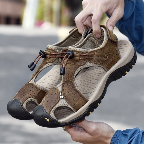 Summer Large Size Men Beach Shoes Leather Breathable Wading Casual Sandals, Size: 44(Dark Brown)