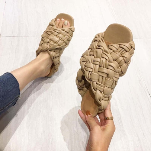 Women Summer Open-Toed Sandals Woven Flat Slippers, Size: 35(Khaki)