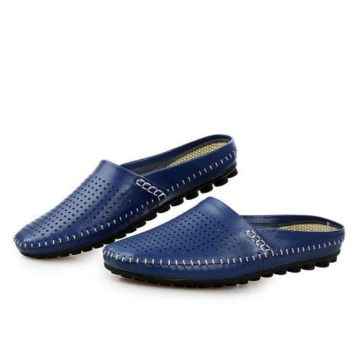 Summer Hollow Men Sandals Breathable Soft Men Casual Slippers Leather Shoes, Size: 42(Dark Blue)