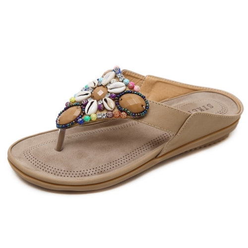 Ladies Summer Bohemian Sandals Seaside Retro Beaded Shell Slippers, Size: 35(Apricot)