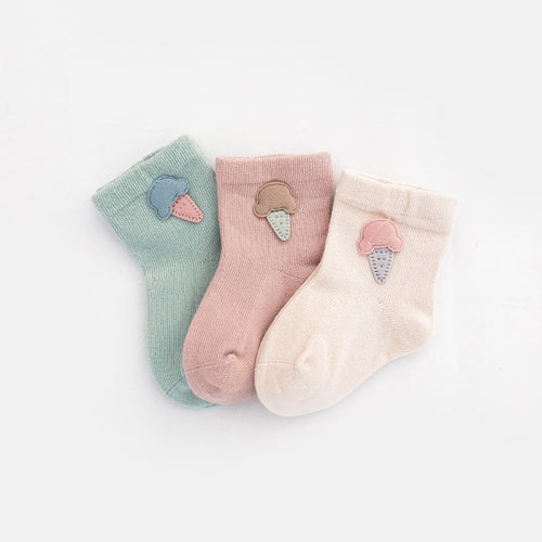 3 Pairs Children Socks Combing Cotton Neonatal Baby Socks Suitable Age: 3-5 Years Old(Ice Cream Green+Purple+Khaki)