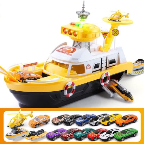 Children Education Boat Toy Storage Parking Lot Ship with Light and Sound Function, Style: Engineering - 15 Cars+1 Aircraft