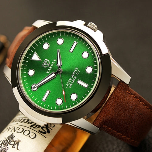 YAZOLE 372 Men Sports Watch Luminous Simple Quartz Watch(Green Tray Brown Belt)