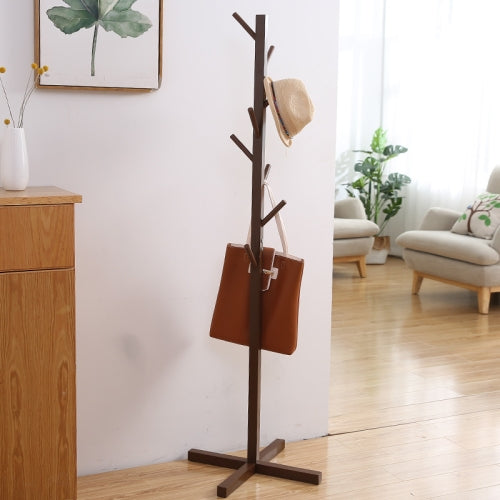 Solid Wood Floor Coat Rack Living Room Bedroom Clothes Organizing Storage Rack(Coffee)