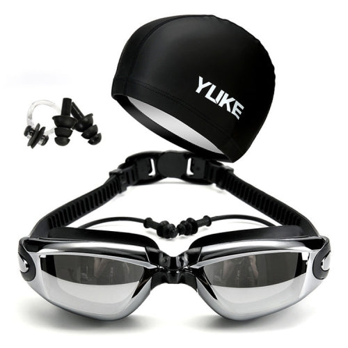 3 in 1 HD Waterproof and Anti-fog Large Frame Siamese Earplugs Swimming Goggles + Swimming Cap + Nose Clip Set for Men and Women(Black)